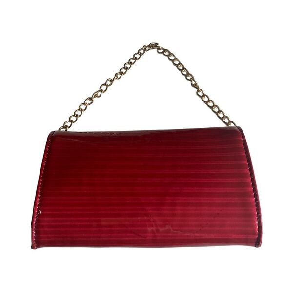 Small Red Patent Leather Clutch Handbag Bag Gold Chain Strap Polka Dot Lining - Picture 5 of 12